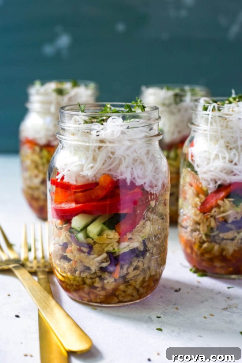 Effortless Chicken Spring Roll Jars 7 Close-up shot of a Quick & Easy Chicken Spring Roll Jar, showing the layers of ingredients.