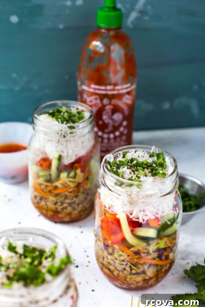 Effortless Chicken Spring Roll Jars 9 Three Quick & Easy Chicken Spring Roll Jars displayed in a row, ready for meal prep.