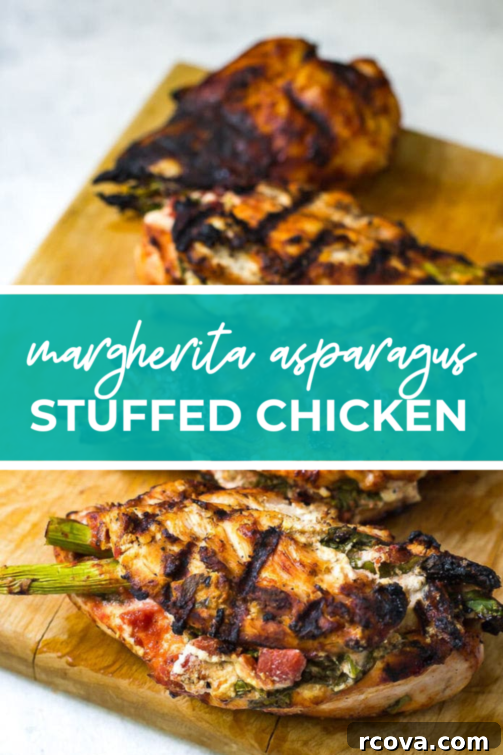 Gourmet Asparagus Stuffed Chicken 8 overhead shot of plated dish with green banner in the middle - reading margherita asparagus stuffed chicken"