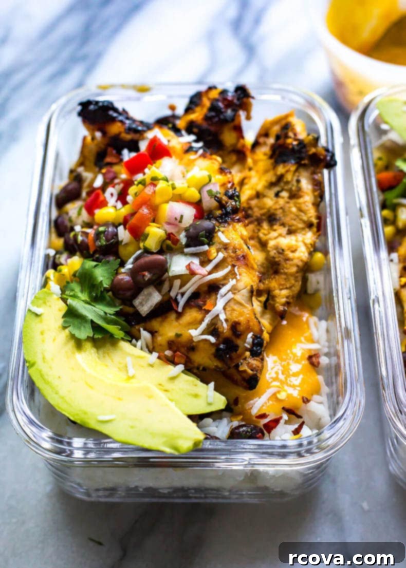 Tropical Coconut Mango Chicken Meal Prep Bowls 4 BBQ Mango Chicken Meal Prep Bowls with rice and corn salsa