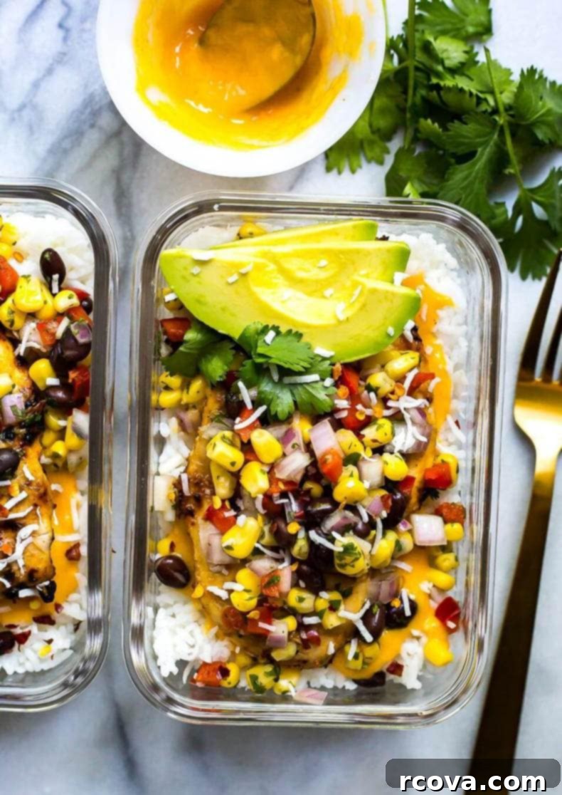 Tropical Coconut Mango Chicken Meal Prep Bowls 6 Coconut Mango Chicken Meal Prep Bowls beautifully arranged