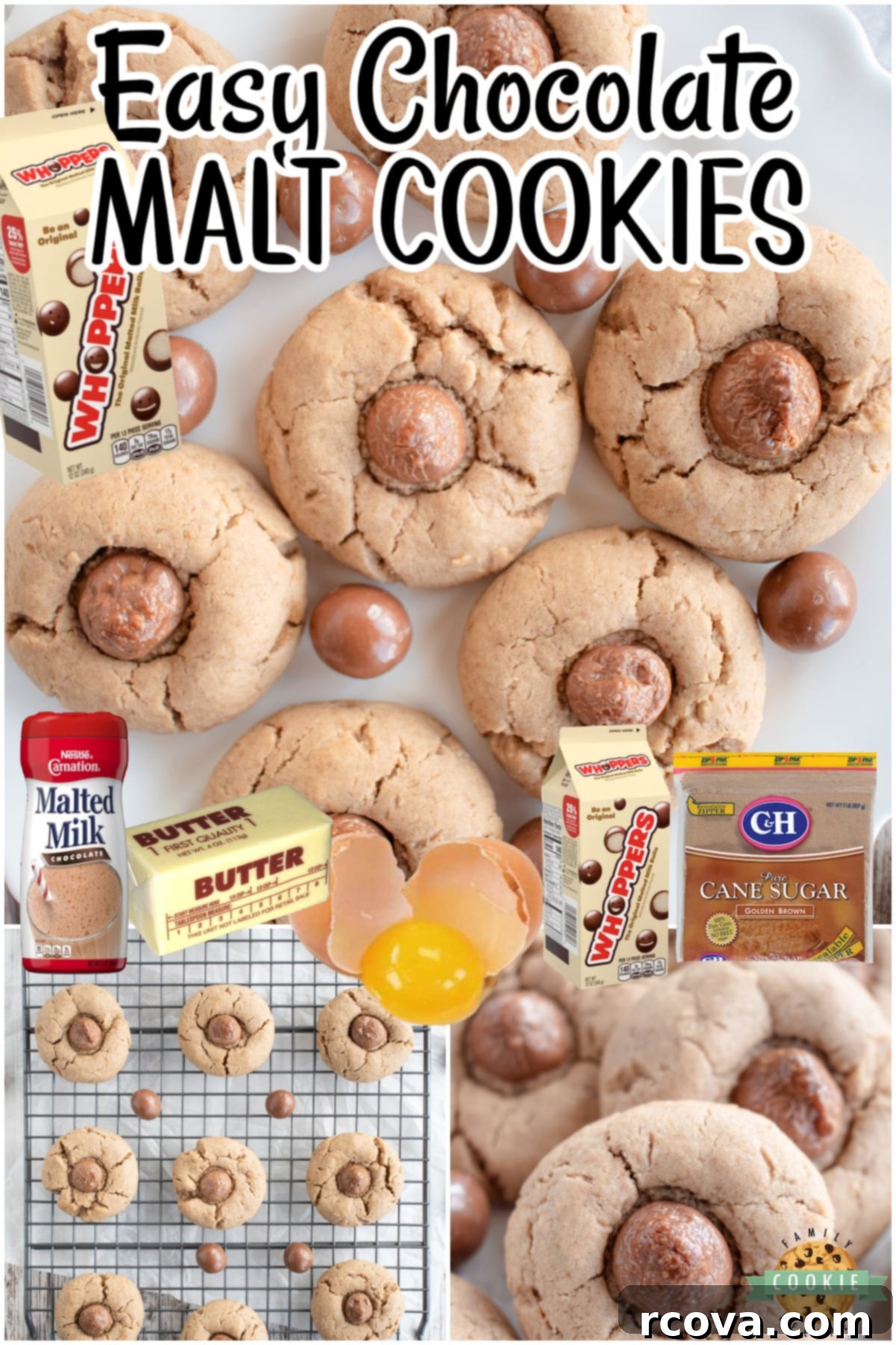 Decadent Malt Chocolate Cookies 8 Chewy Chocolate Malt cookies made with classic cookie ingredients, including malt powder & topped with a chocolate malt ball! Enjoy the great flavor in these whopper candy cookies!