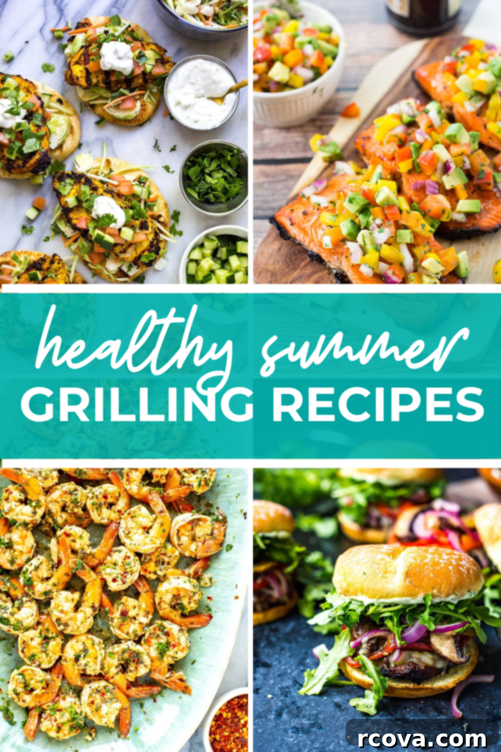 Savor Summer: Over 25 Healthy Grilling Recipes 2 Overhead shot of plated dishes with green banner in the middle - reading "healthy summer grilling recipes"