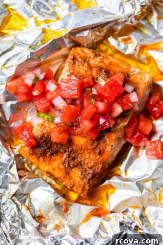 Savor Summer: Over 25 Healthy Grilling Recipes 29 Foil Packet Spice Rubbed Fish with Watermelon Salsa via Skinny Taste
