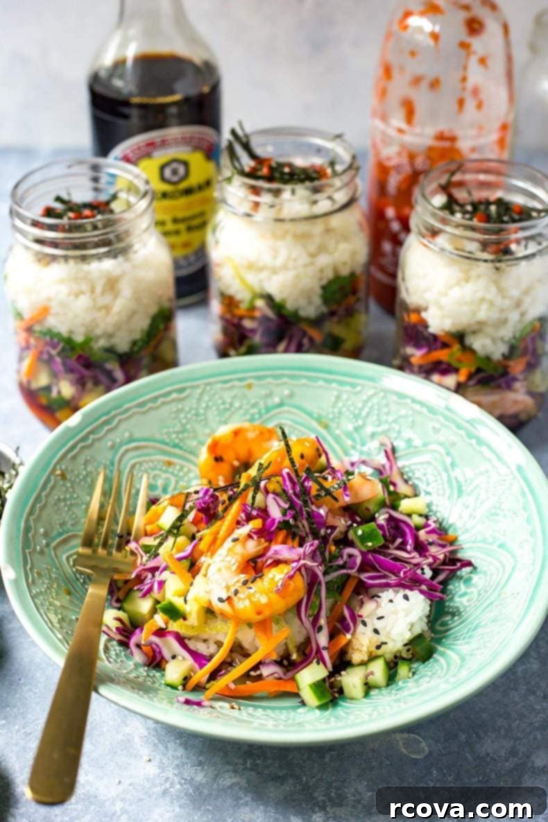 Meal Prep Dynamite Shrimp Sushi Jars 5 Dynamite Shrimp Sushi Jars arranged neatly in a row
