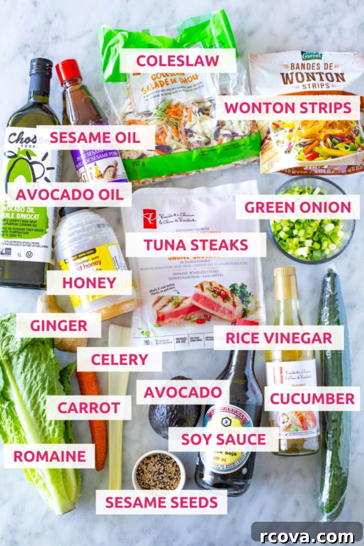 Seared Ahi & Ginger Sesame Salad 4 Ingredients for ahi tuna salad: coleslaw mix, avocado oil, sesame oil,  wonton strips, green onions, tuna steaks, honey, ginger, rice vinegar, celery, carrot, avocado, cucumber, soy sauce, romaine lettuce, and sesame seeds