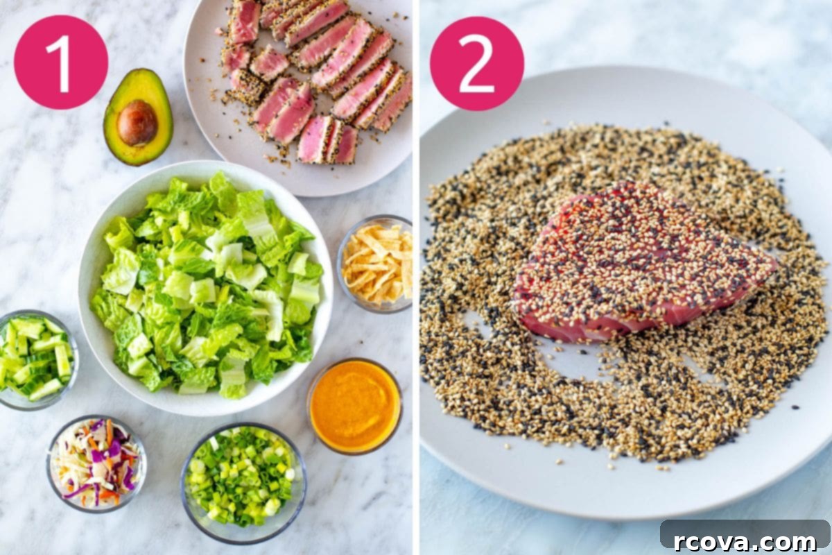 Seared Ahi & Ginger Sesame Salad 5 Steps 1 and 2 for making ahi tuna salad