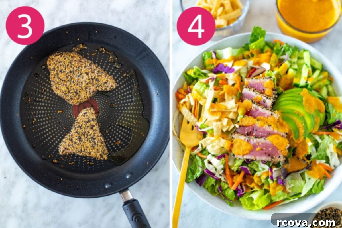 Seared Ahi & Ginger Sesame Salad 6 Steps 3 and 4 for making ahi tuna salad