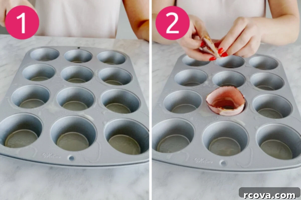 On-the-Go Turkey Bacon Egg White Muffins 5 Steps 1 and 2 for making turkey bacon egg white cups: Grease muffin tin and add bacon.
