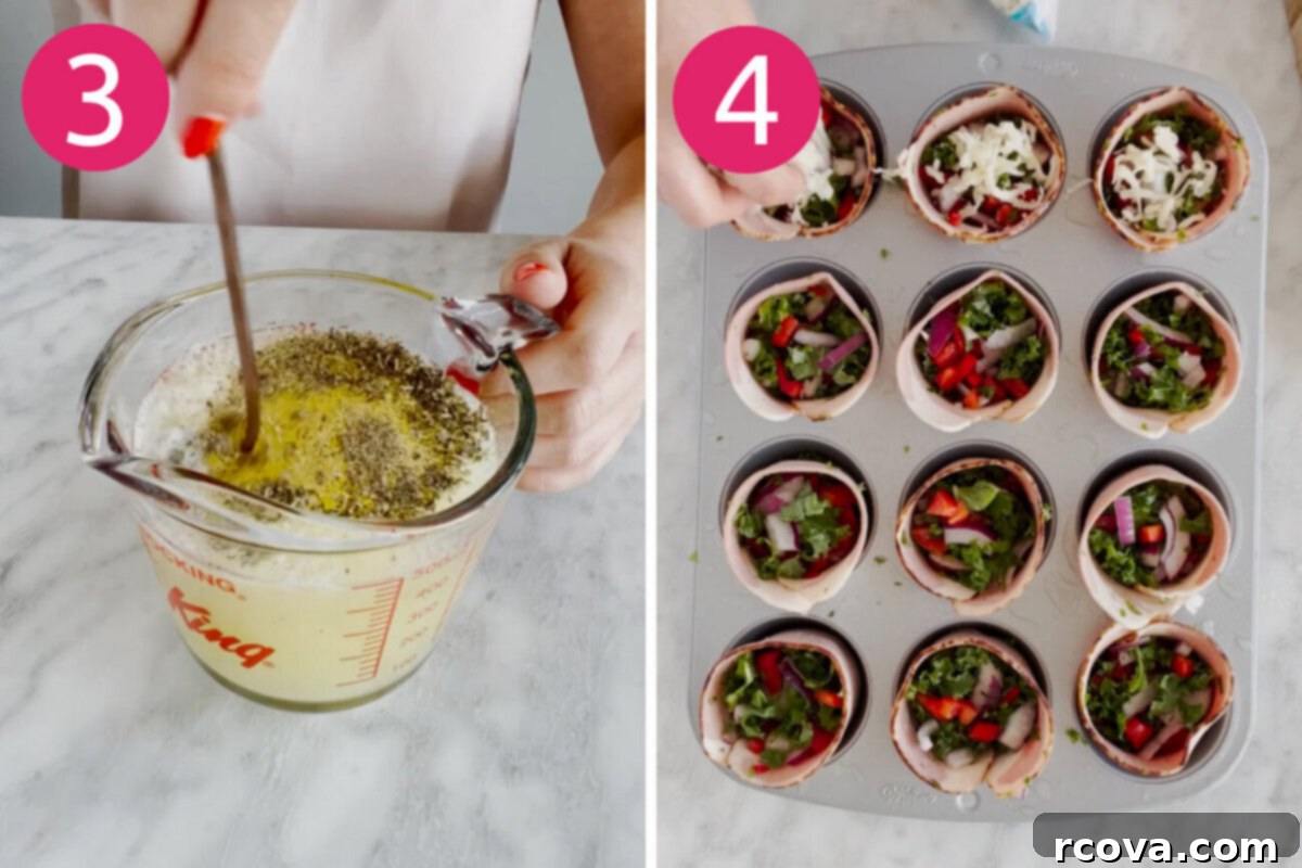 On-the-Go Turkey Bacon Egg White Muffins 6 Steps 3 and 4 for making turkey bacon egg white cups: Season egg whites, add veggies and cheese to muffin tray.