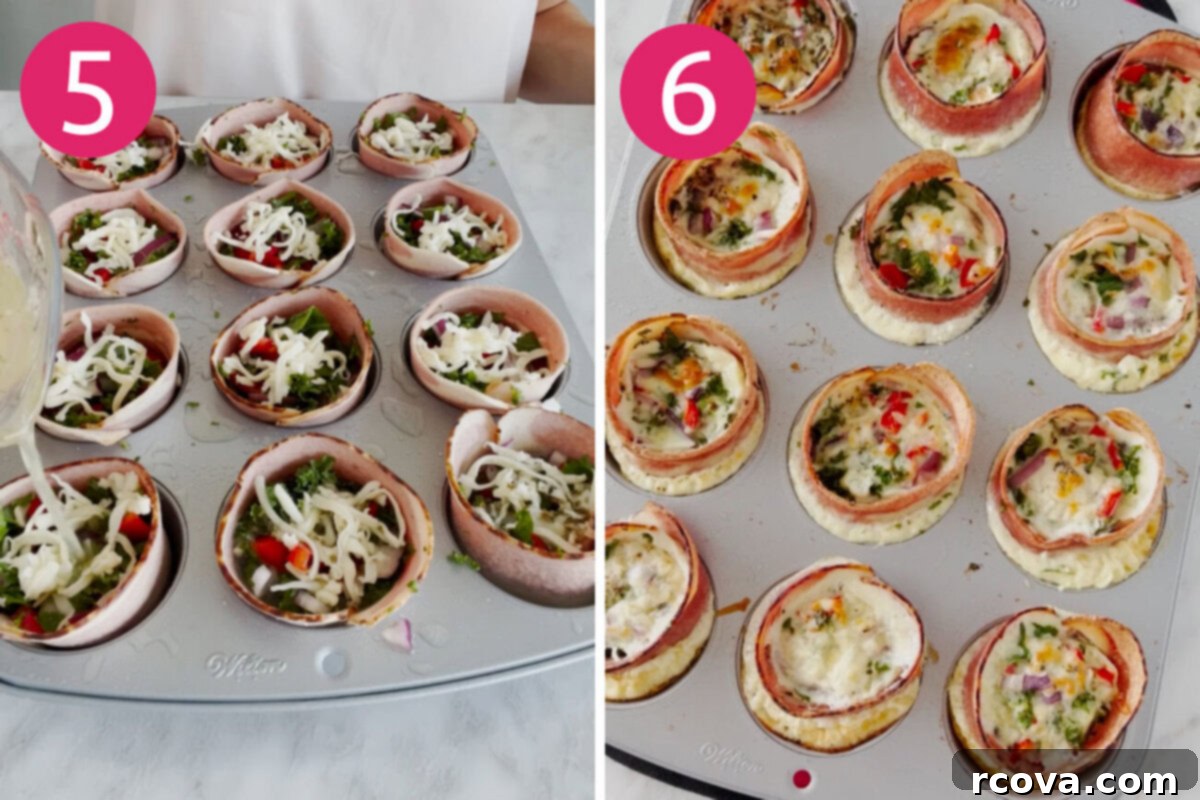 On-the-Go Turkey Bacon Egg White Muffins 7 Steps 5 and 6 for making turkey bacon egg white cups: Pour in egg whites then bake.