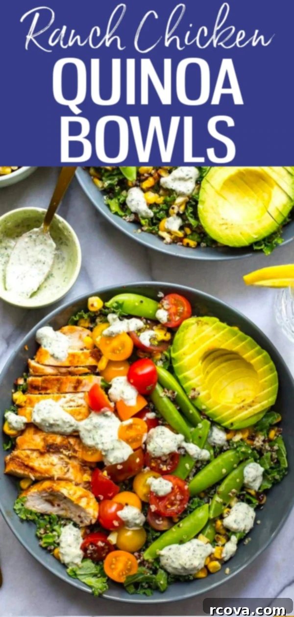 Ranch Chicken Kale Quinoa Power Bowls 10 These Chicken Ranch Kale & Quinoa Bowls are super delicious and gluten-free with an easy-peasy and low-calorie homemade ranch dressing. #ranchchicken #quinoabowl