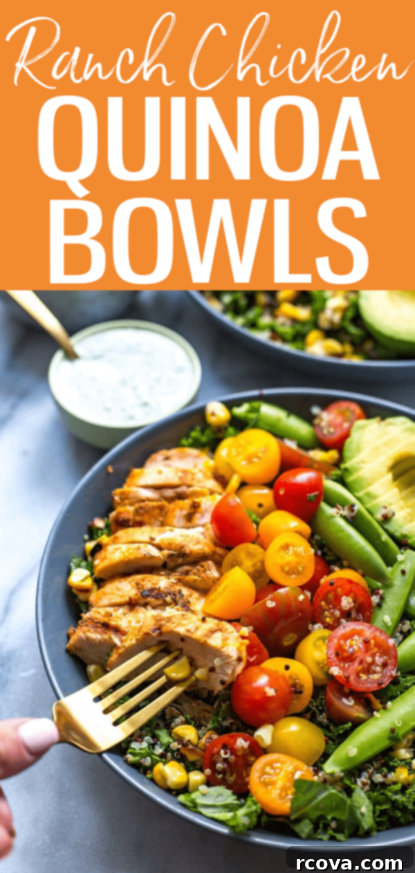 Ranch Chicken Kale Quinoa Power Bowls 13 These Chicken Ranch Kale & Quinoa Bowls are delicious and gluten-free - the low calorie homemade ranch dressing is super easy too! #ranchchicken #quinoabowl