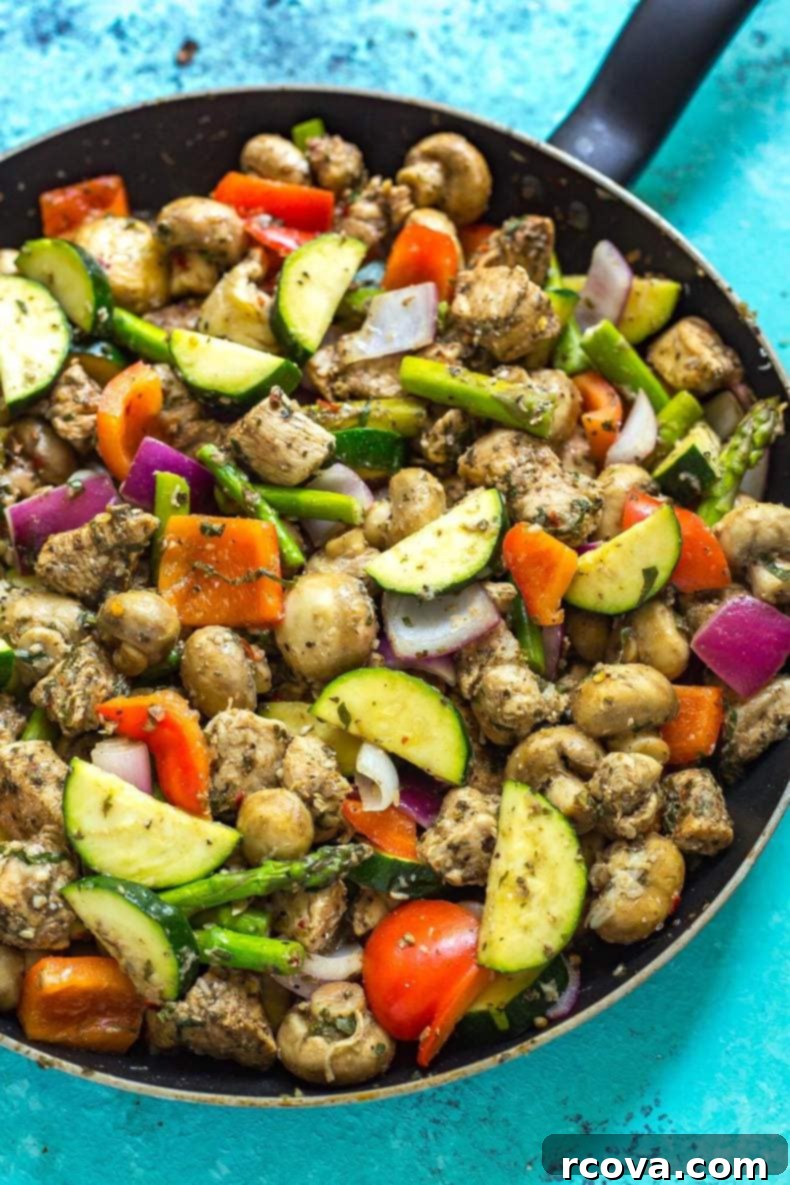 One-Pan Tuscan Chicken in 30 Minutes 4 Close-up of diced chicken and sliced mushrooms sautéing in a skillet
