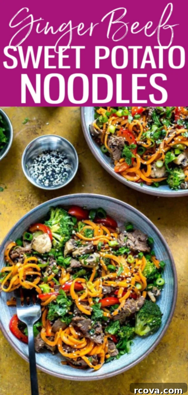 Quick Ginger Beef and Sweet Potato Noodles 12 These 30-Minute Ginger Beef Sweet Potato Noodles are so delicious! Use spiralized sweet potato noodles for an easy low carb meal. #sweetpotatonoodles #stirfry