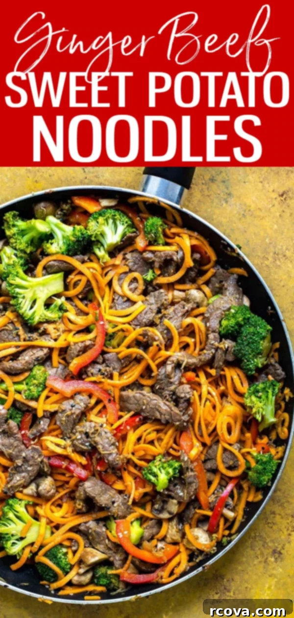 Quick Ginger Beef and Sweet Potato Noodles 13 These 30-Minute Ginger Beef Sweet Potato Noodles are so delicious! Use spiralized sweet potato noodles for an easy low carb meal. #sweetpotatonoodles #stirfry