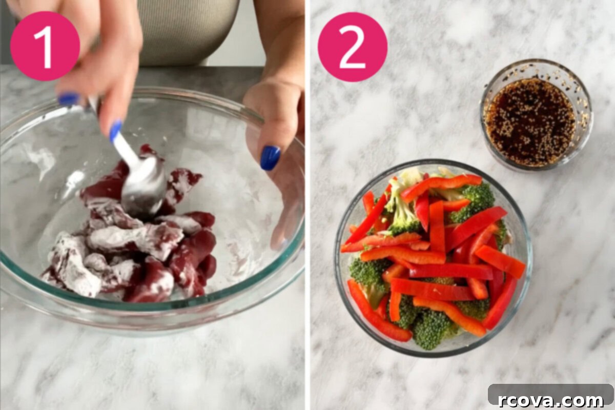 Quick Ginger Beef and Sweet Potato Noodles 5 Steps 1 and 2 for making ginger beef sweet potato noodles: Marinate steak then make stir fry sauce and cut up veggies.