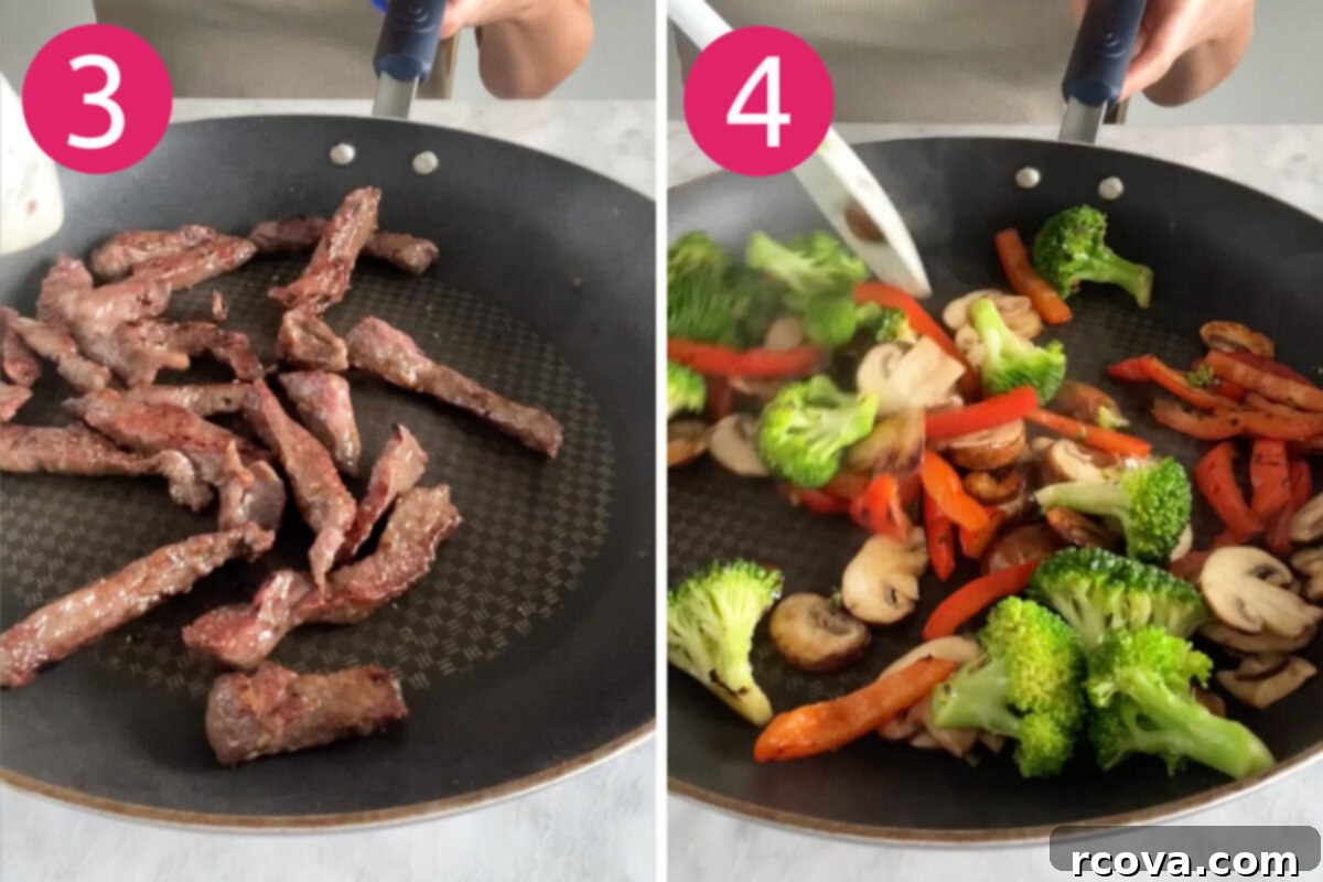 Quick Ginger Beef and Sweet Potato Noodles 6 Steps 3 and 4 for making ginger beef sweet potato noodles: Cook beef then saute veggies.