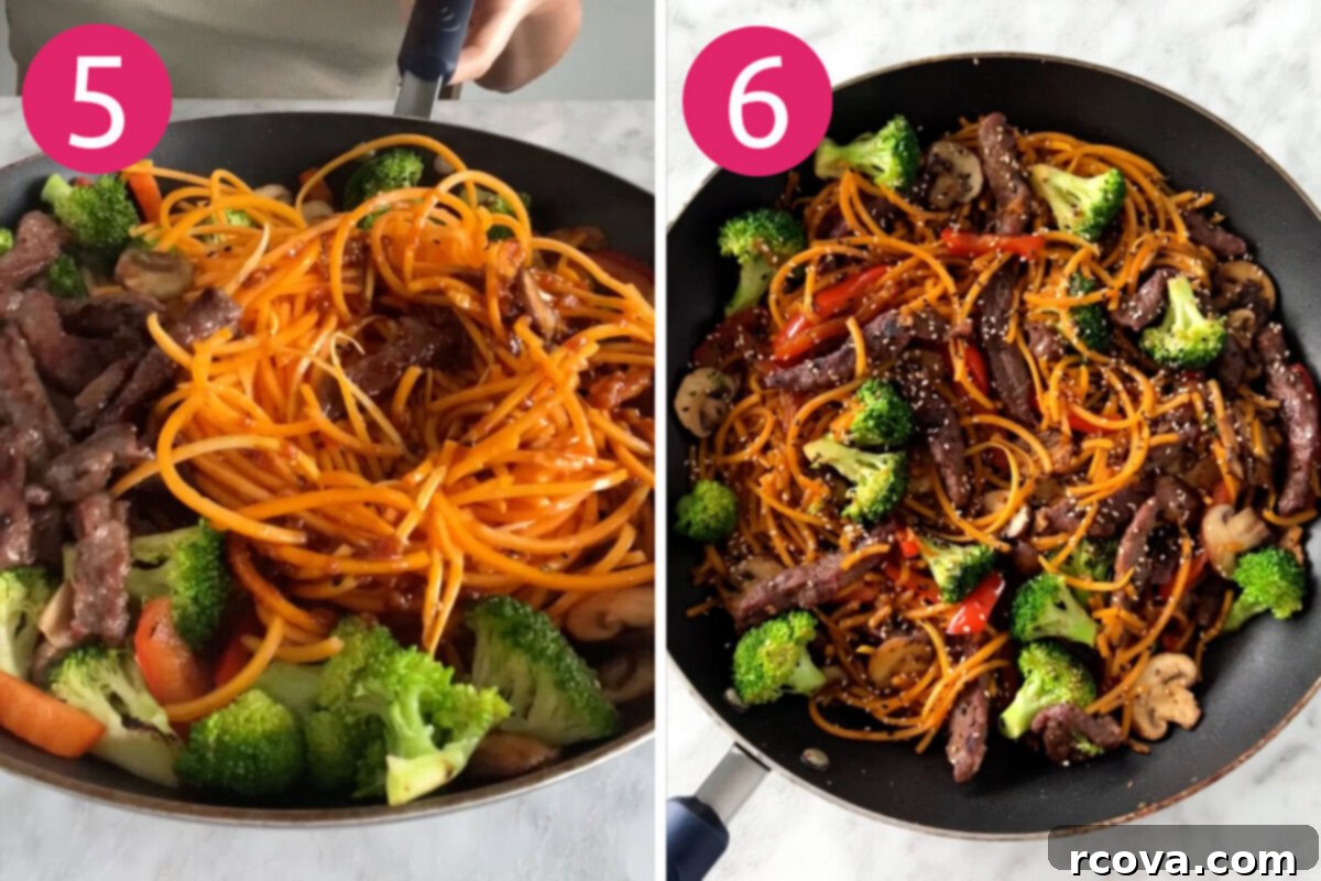 Quick Ginger Beef and Sweet Potato Noodles 7 Steps 5 and 6 for making ginger beef sweet potato noodles: Stir fry everything together then serve and enjoy!