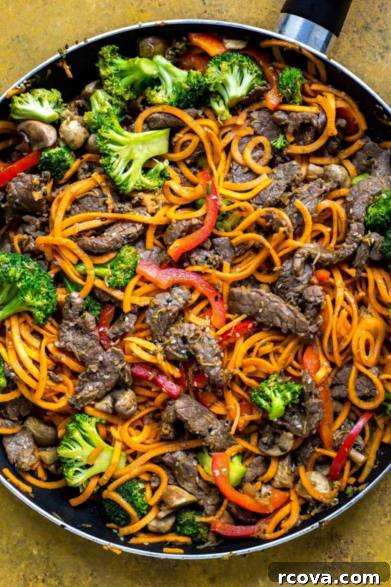 Quick Ginger Beef and Sweet Potato Noodles 9 Another beautiful shot of the ginger beef sweet potato noodles, highlighting the vibrant colors and fresh ingredients.