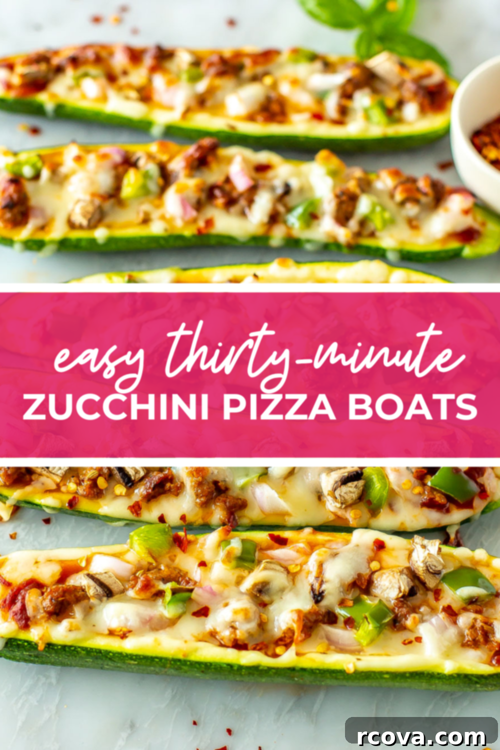 Quick Zucchini Pizza Boats 11 Overhead shot of plated dish with pink banner in the middle - reading "easy thirty-minute zucchini pizza boats"