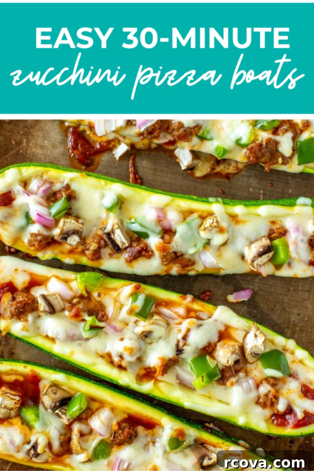 Quick Zucchini Pizza Boats 12 Overhead shot of plated dish with green banner on the top - reading "easy thirty-minute zucchini pizza boats"