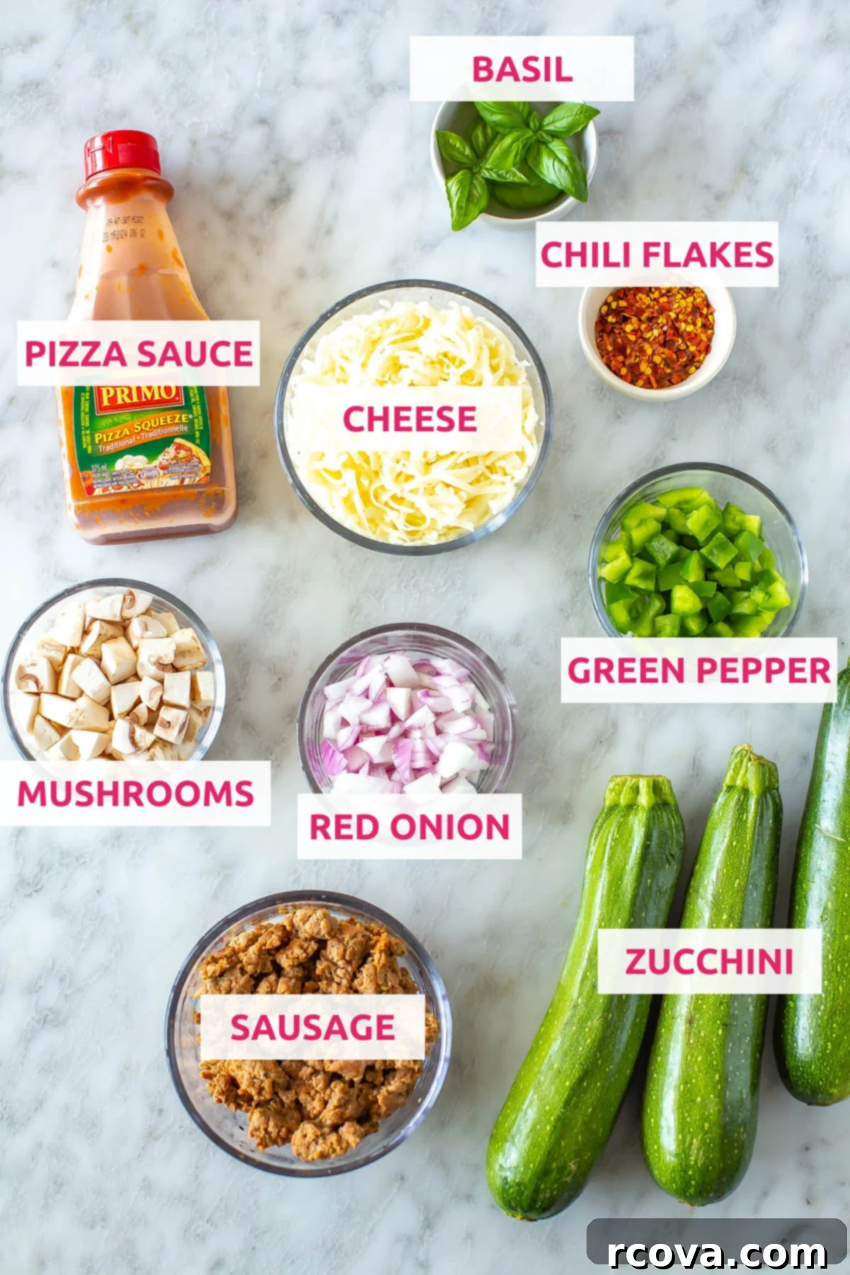 Quick Zucchini Pizza Boats 4 A vibrant display of ingredients for zucchini pizza boats: fresh zucchini, rich pizza sauce, shredded mozzarella, sliced green peppers, earthy mushrooms, thinly sliced red onion, cooked sausage crumbles, aromatic basil leaves, and a sprinkle of red chili flakes.
