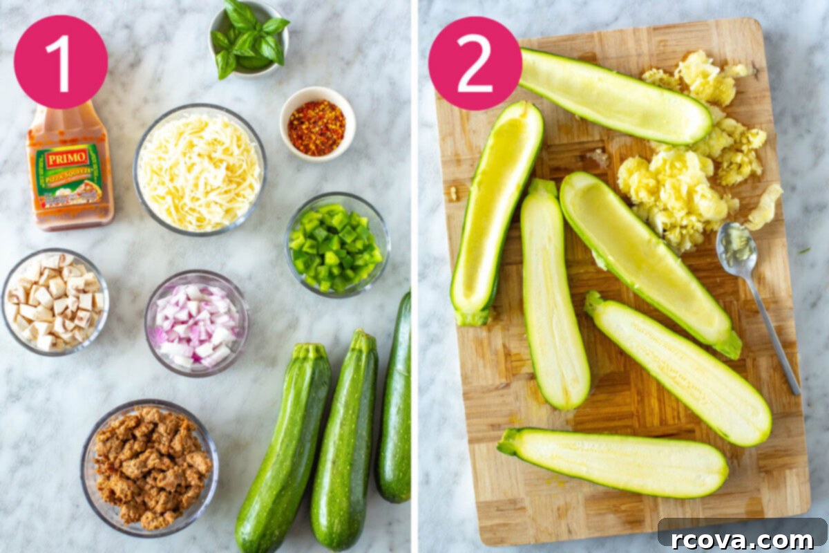 Quick Zucchini Pizza Boats 5 Visual steps 1 and 2 for making zucchini pizza boats: Begin by preparing all ingredients, then carefully slice zucchini in half and scoop out the inner flesh to create the 'boat' shape.