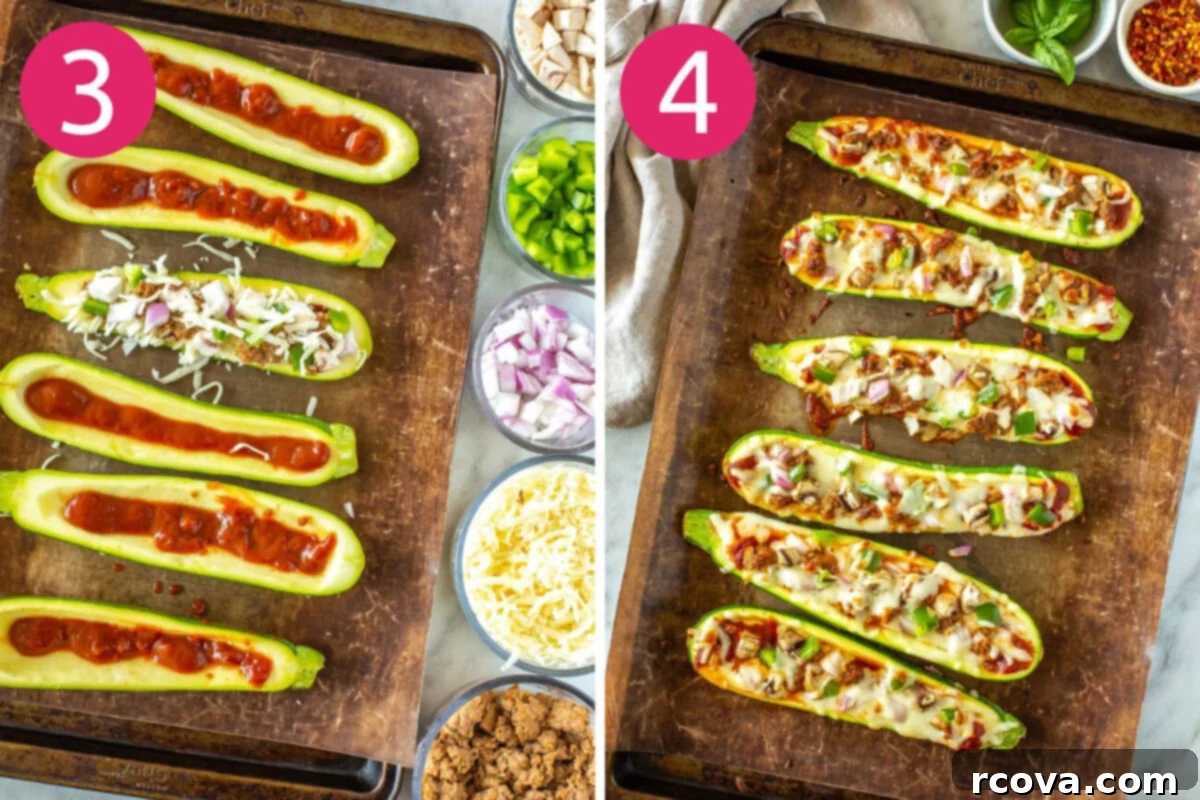 Quick Zucchini Pizza Boats 6 Visual steps 3 and 4 for making zucchini pizza boats: Generously spread pizza sauce inside each zucchini boat, then layer with prepared toppings and bake until the cheese is bubbly and golden.