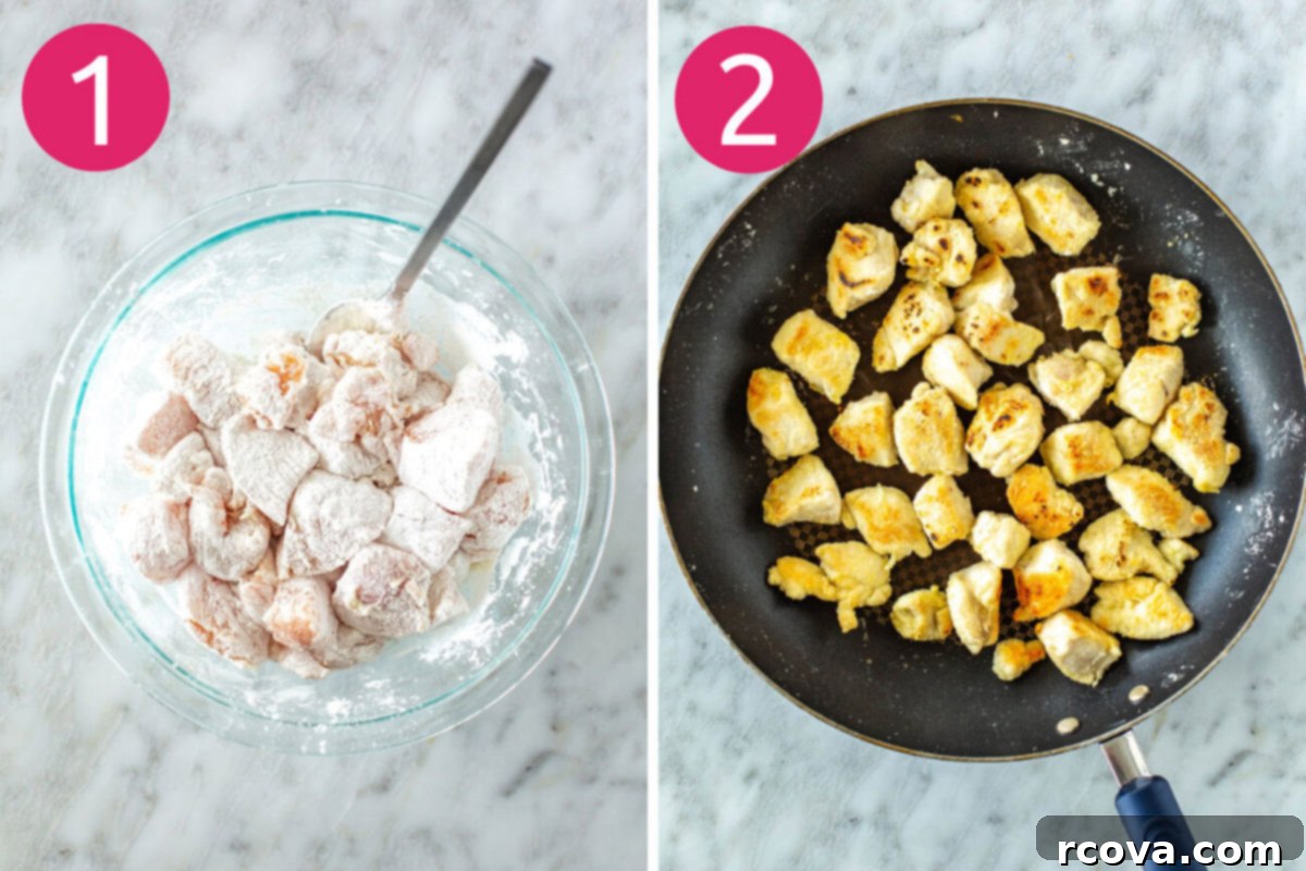 Grab-and-Go Sweet Chili Chicken Bowls 5 Step-by-step visuals: Raw chicken cubes coated in cornstarch in a bowl, followed by the chicken sizzling and browning in a hot skillet with olive oil.