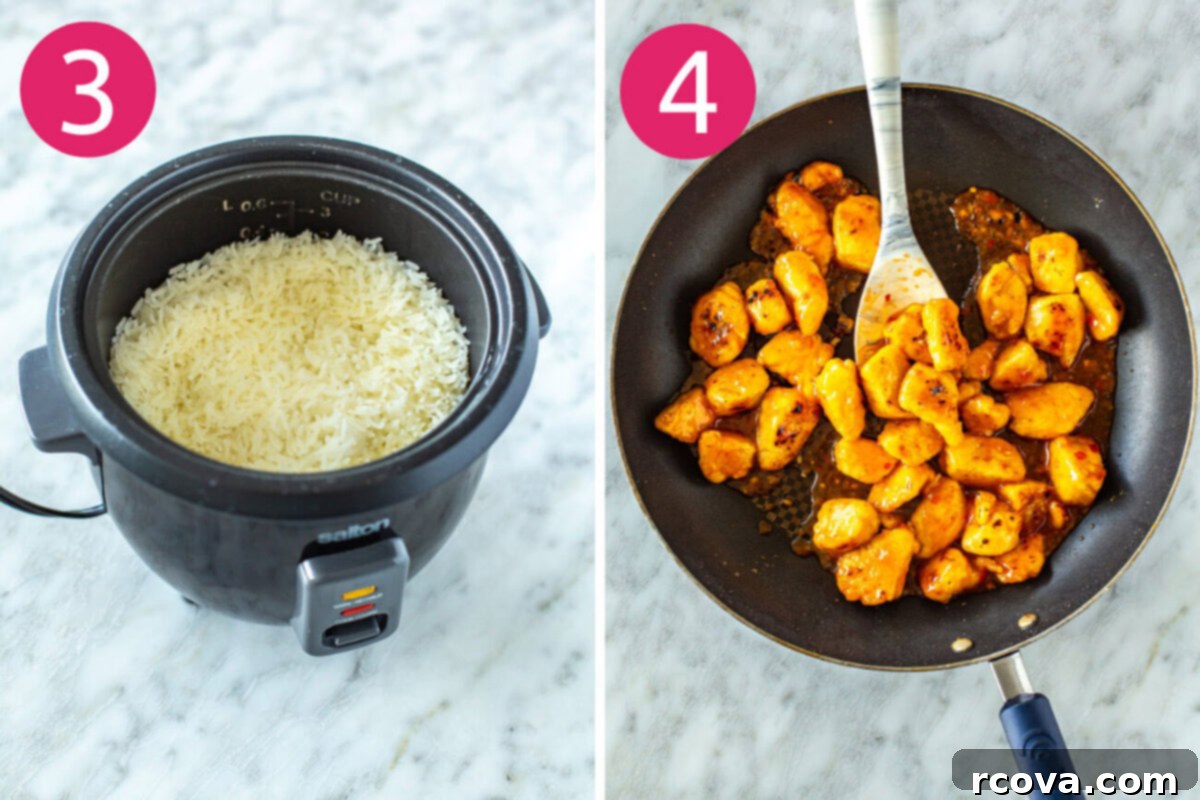 Grab-and-Go Sweet Chili Chicken Bowls 6 Visual guide for preparing the sweet chili chicken bowls: A pot of jasmine rice simmering on the stovetop, and a close-up of the cooked chicken being tossed with sweet chili sauce and sriracha in a skillet.