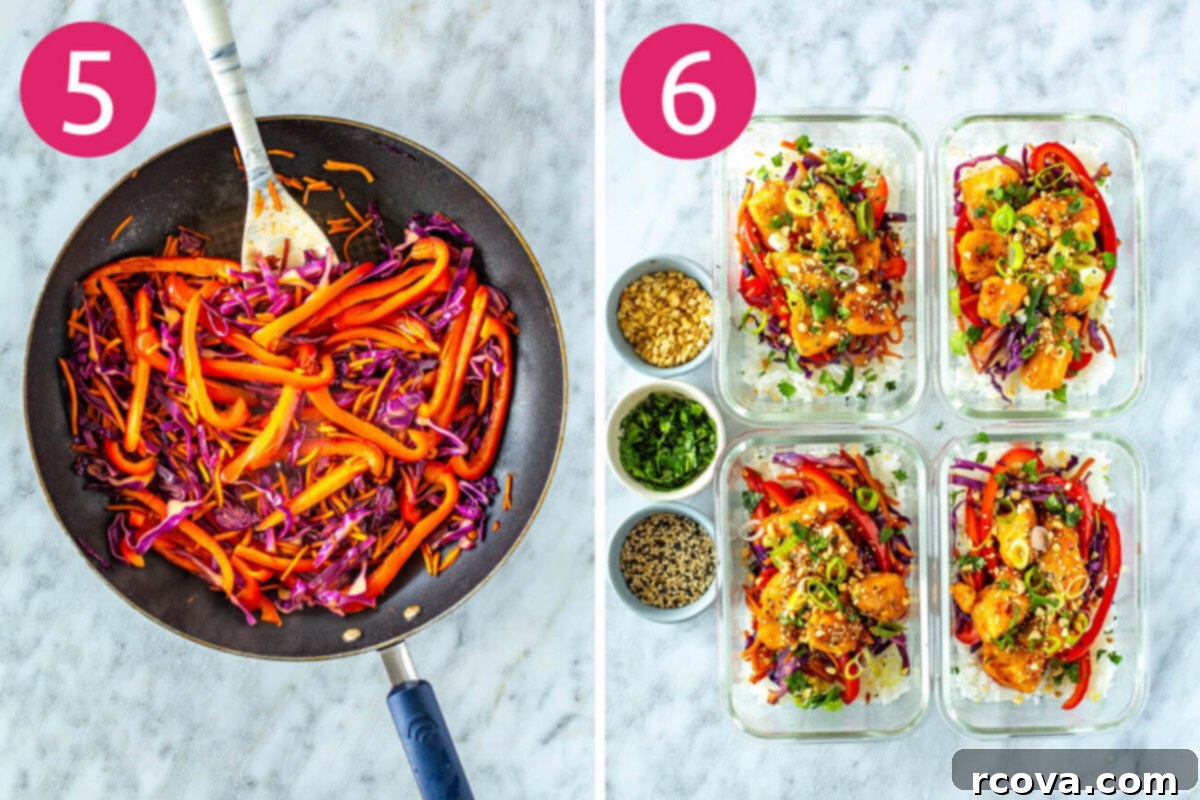 Grab-and-Go Sweet Chili Chicken Bowls 7 The final two steps in creating sweet chili chicken meal prep bowls: Freshly sautéed carrots, red bell pepper, and shredded red cabbage in a pan, followed by four assembled meal prep containers filled with rice, vegetables, and chicken, ready for the week.