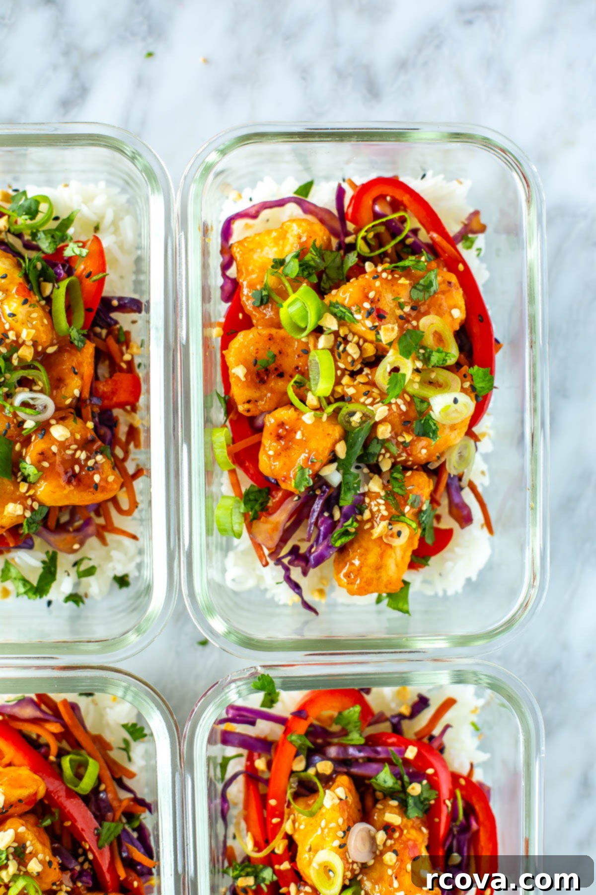 Grab-and-Go Sweet Chili Chicken Bowls 8 A vibrant close-up shot of a single sweet chili chicken meal prep bowl, showcasing the perfectly cooked chicken, fluffy jasmine rice, colorful sautéed vegetables, and fresh green garnishes like scallions and cilantro.