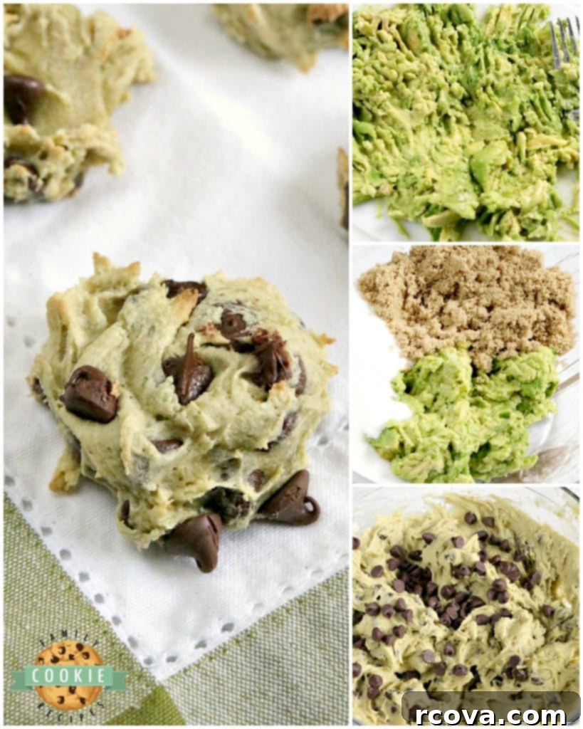 Fudgy Avocado Chocolate Chip Cookies 8 A close-up shot of a single avocado chocolate chip cookie with perfectly melted chocolate chips, demonstrating its soft and appealing texture.