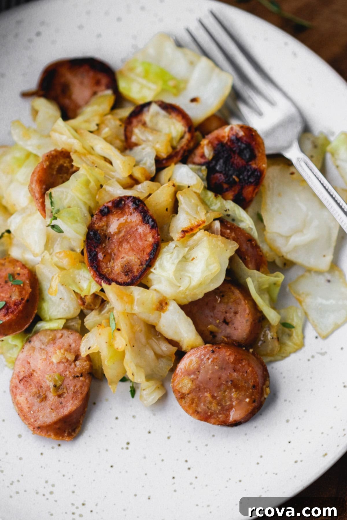 Easy Skillet Chicken Sausage and Cabbage 2 A vibrant skillet chicken sausage and cabbage dish, ready to be served.