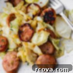 Easy Skillet Chicken Sausage and Cabbage 6 Simple chicken sausage and cabbage made in the skillet, ready to eat.