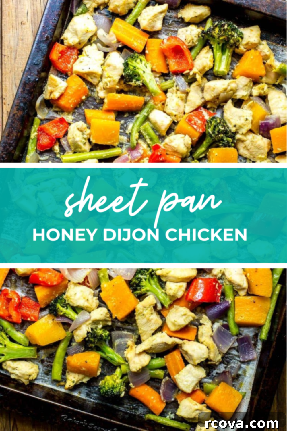 Simple Golden Honey Dijon Sheet Pan Chicken 8 Overhead shot of plated dish with green banner in the middle - reading "sheet pan honey dijon chicken"