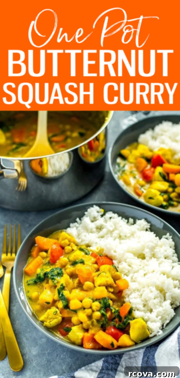 Golden One-Pan Chicken & Squash Curry 12 This One Pot Butternut Squash Chicken Curry with coconut milk, veggies, chickpeas and rice is protein-filled comfort food at its best! #butternutsquash #onepotcurry