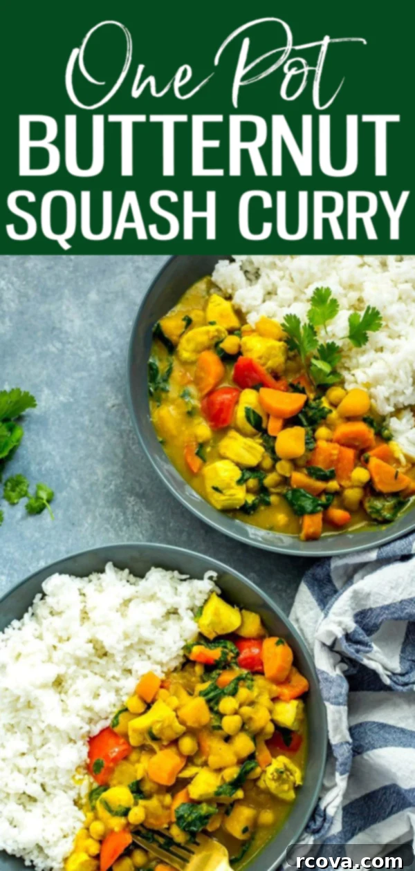 Golden One-Pan Chicken & Squash Curry 13 This One Pot Butternut Squash Chicken Curry with coconut milk, veggies, chickpeas and rice is protein-filled comfort food at its best! #butternutsquash #onepotcurry