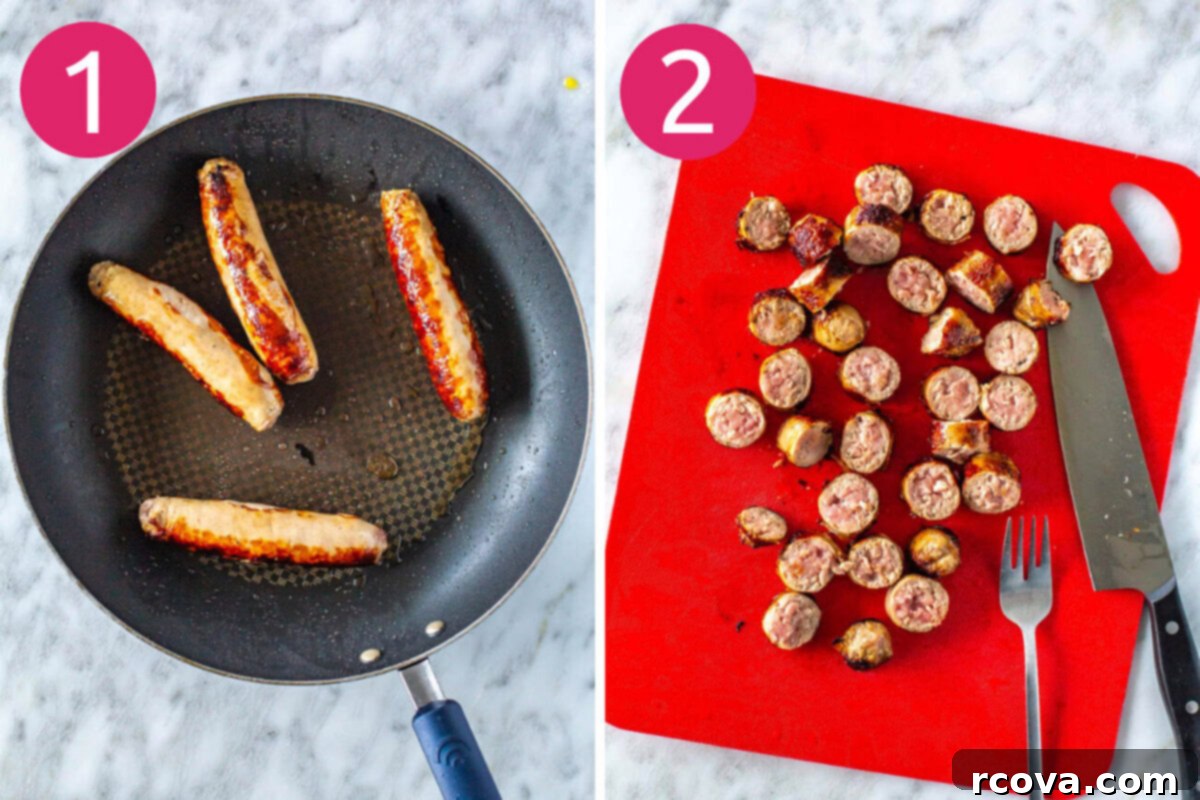 Sheet Pan Roasted Sausage and Vegetables 5 Steps 1 and 2 for making sheet pan sausage and vegetables: Cook sausage in a skillet until browned, then slice it into coins for even cooking.