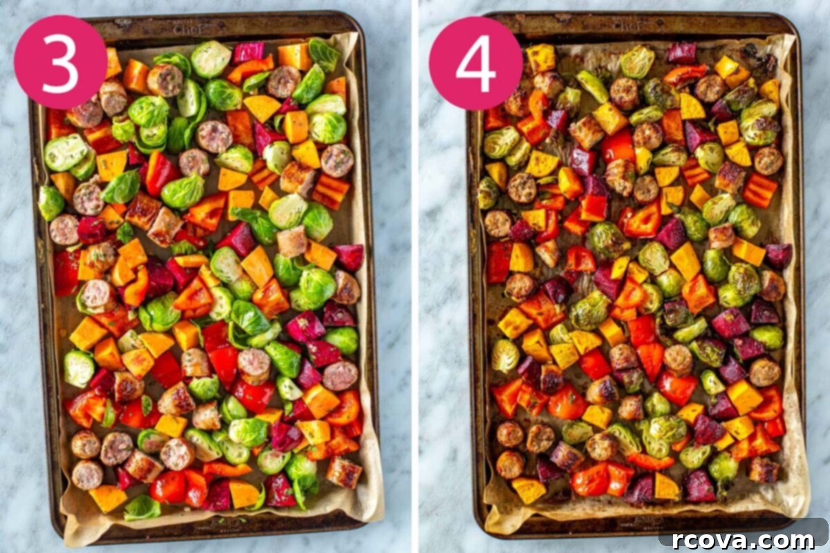 Sheet Pan Roasted Sausage and Vegetables 6 Steps 3 and 4 for making sheet pan sausage and vegetables: Toss all the chopped vegetables with olive oil, garlic, and spices on a sheet pan, then add the sliced sausage and roast until tender and cooked through.