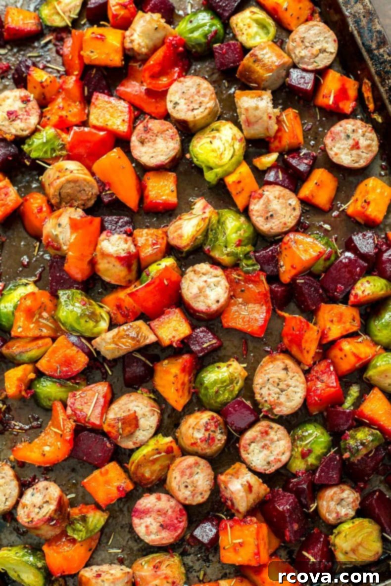 Sheet Pan Roasted Sausage and Vegetables 8 A close-up of sheet pan sausage and vegetables, beautifully roasted with caramelized edges, ready to be served.