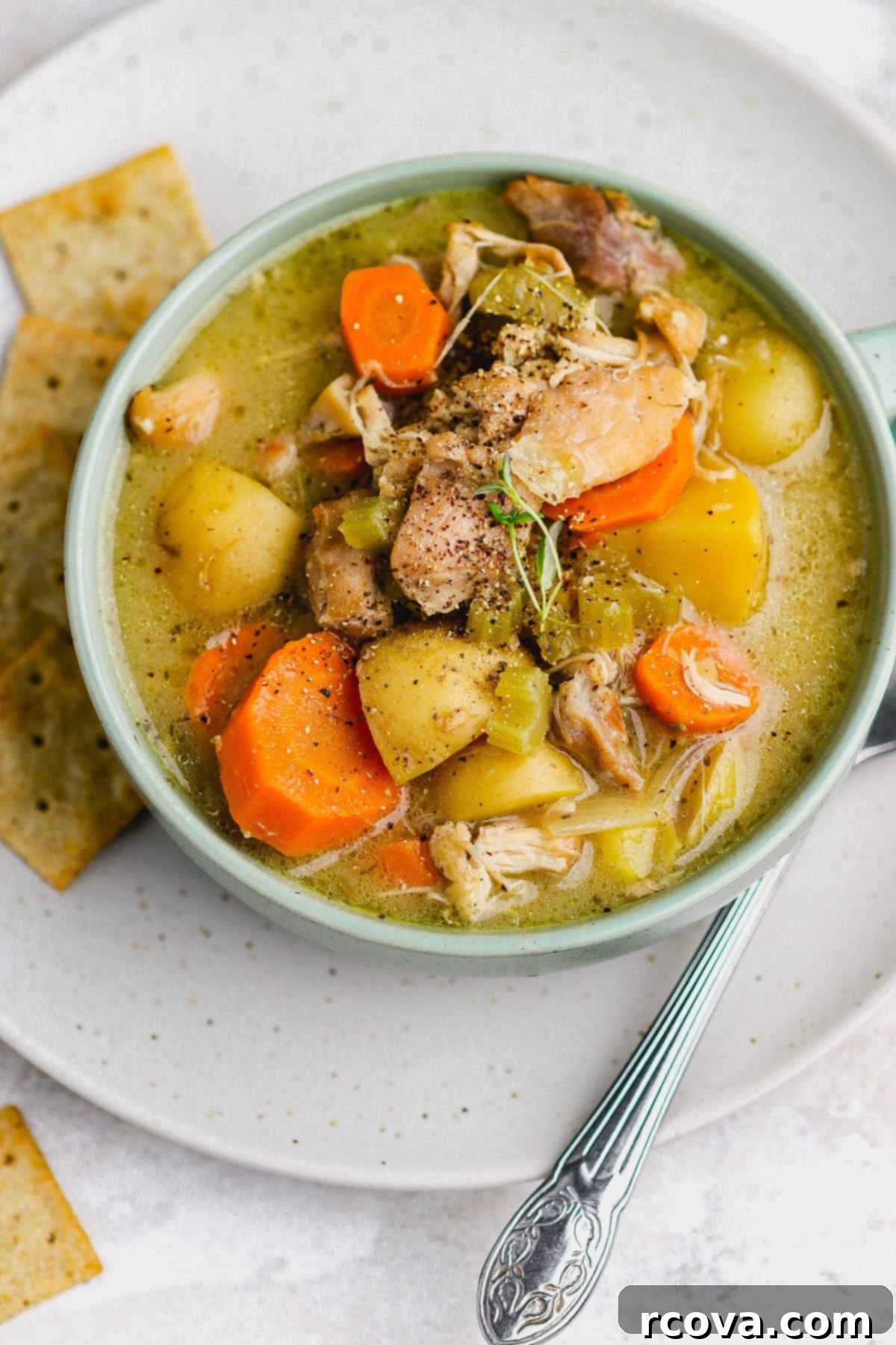 Set It and Forget It Gluten Free Dairy Free Slow Cooker Chicken Stew 2 A bowl of creamy slow cooker chicken stew garnished with fresh herbs.