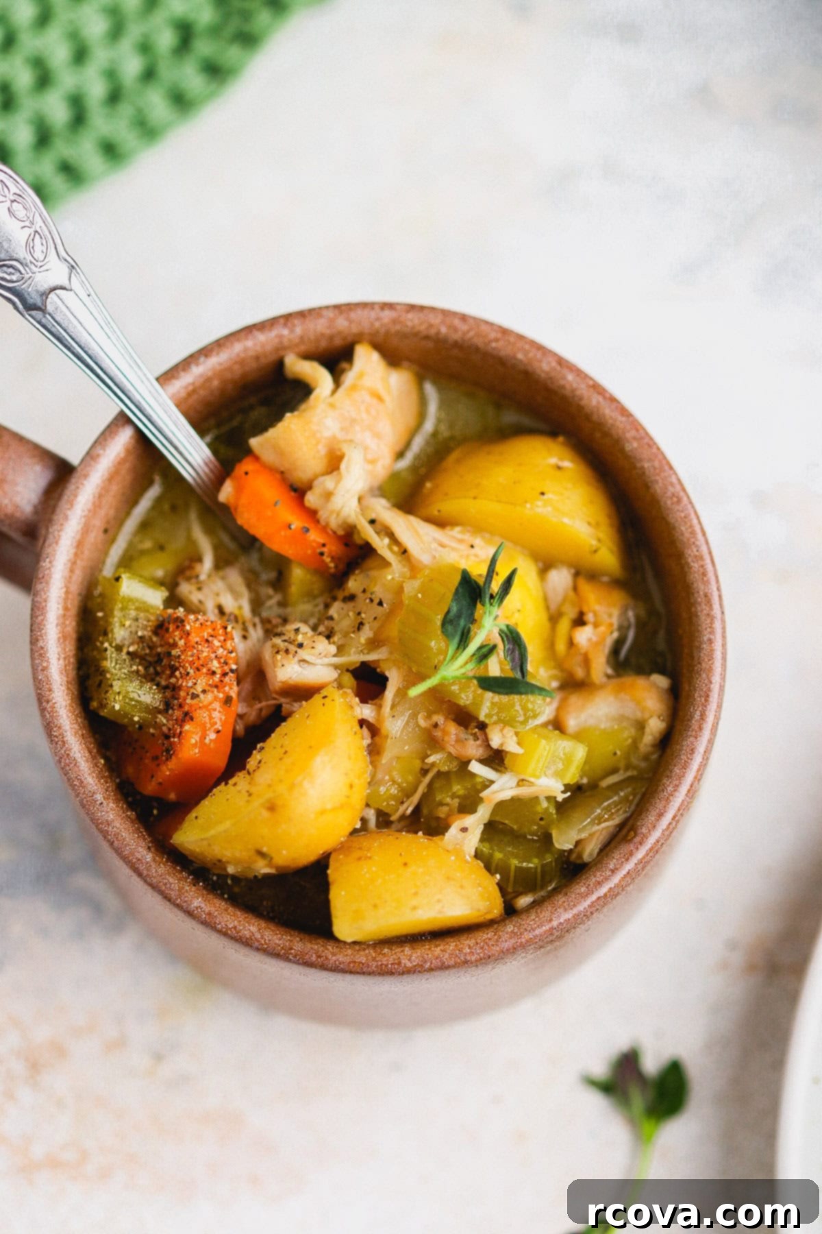 Set It and Forget It Gluten Free Dairy Free Slow Cooker Chicken Stew 7 Close-up of the finished slow cooker chicken stew in a bowl, garnished.