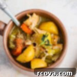Set It and Forget It Gluten Free Dairy Free Slow Cooker Chicken Stew 8 A top-down shot of the slow cooker chicken stew in a bowl.