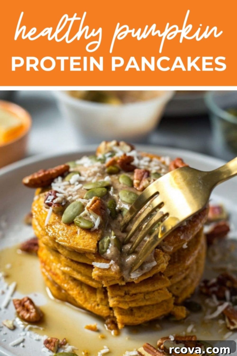 Easy 5-Ingredient Pumpkin Protein Pancakes 11 A gold fork slicing into a stack of fluffy pumpkin protein pancakes, with the text 'Healthy Pumpkin Protein Pancakes' overlayed.