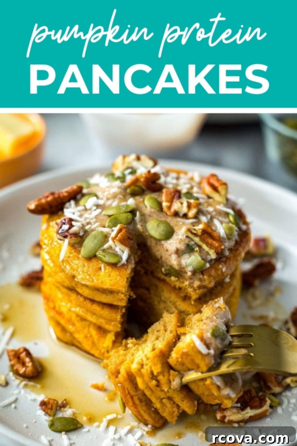 Easy 5-Ingredient Pumpkin Protein Pancakes 12 A gold fork digging into a stack of warm pumpkin protein pancakes, with the text 'Pumpkin Protein Pancakes' for easy identification.