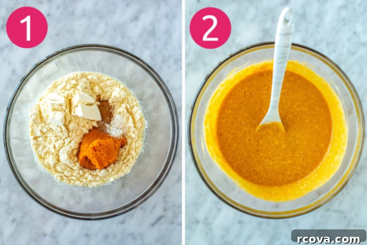 Easy 5-Ingredient Pumpkin Protein Pancakes 5 Step-by-step image showing ingredients for pumpkin protein pancakes being mixed in a bowl with a whisk.
