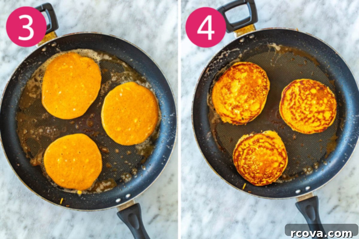 Easy 5-Ingredient Pumpkin Protein Pancakes 6 Step-by-step images showing pancake batter being poured onto a hot frying pan and a spatula flipping a cooking pumpkin protein pancake.