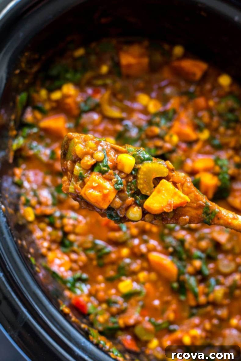 Hearty Slow Cooker Vegetarian Lentil Chili 7 A serving of Slow Cooker Sweet Potato Lentil Chili with various toppings arranged around it.